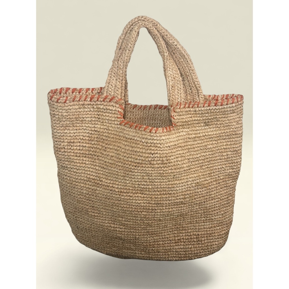 Tommy Bahama Woven Raffia Straw Tote Bag Tan Orange Whipstitch Trim Beach Summer